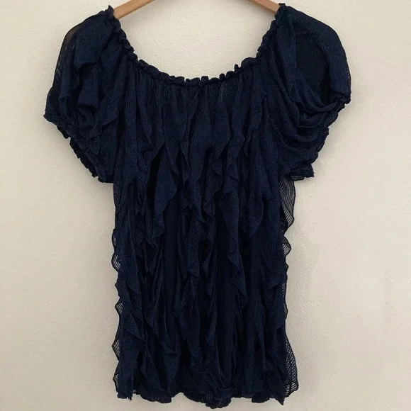 Objects D'Art Womens Sz XL Navy Blue Semi-Sheer Vertical Ruffled Top - Picture 5 of 9